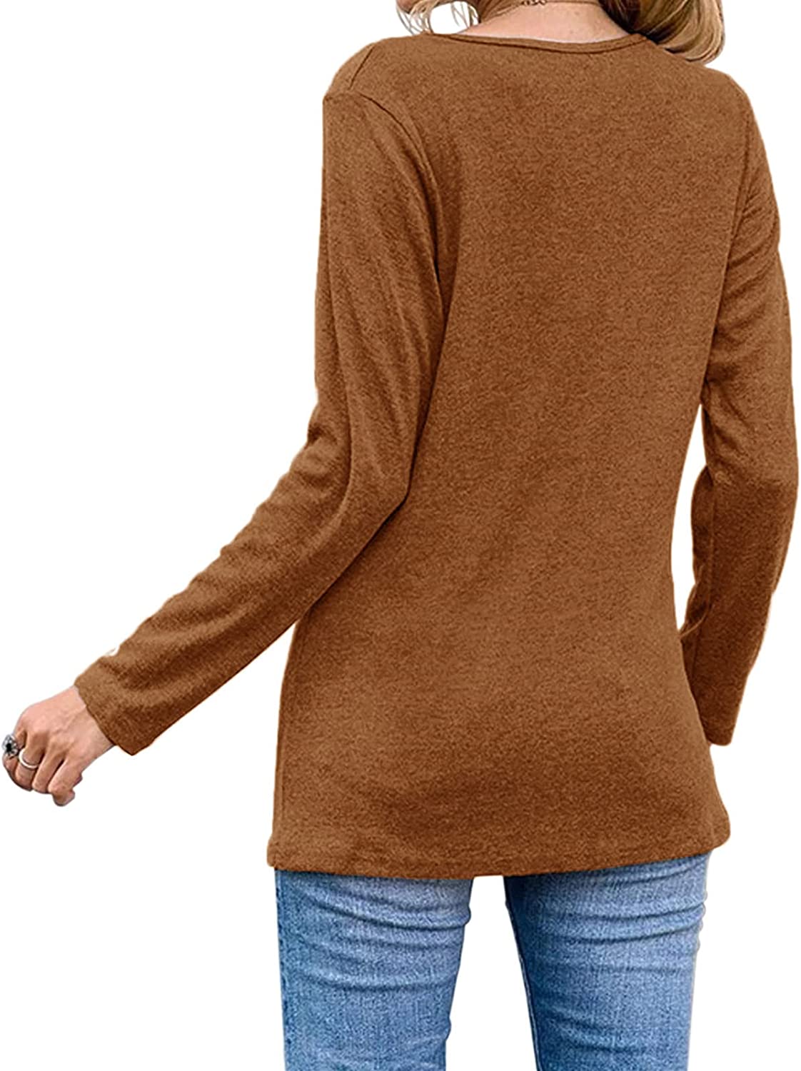 Womens Casual Long Sleeve Tunic Shirts Round Neck Button Side Blouses Tops - Image 4